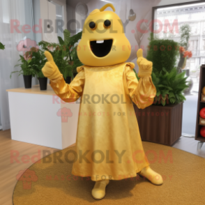 Gold Pepper mascot costume character dressed with a Midi Dress and Cufflinks