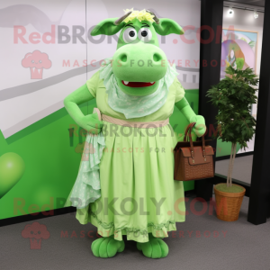 Lime Green Beef Stroganoff mascot costume character dressed with a Maxi Dress and Wallets