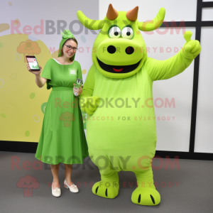 Lime Green Beef Stroganoff mascot costume character dressed with a Maxi Dress and Wallets