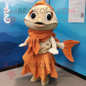 Tan Goldfish mascot costume character dressed with a Culottes and Shawl pins