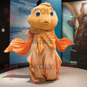 Tan Goldfish mascot costume character dressed with a Culottes and Shawl pins