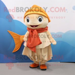 Tan Goldfish mascot costume character dressed with a Culottes and Shawl pins