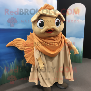 Tan Goldfish mascot costume character dressed with a Culottes and Shawl pins