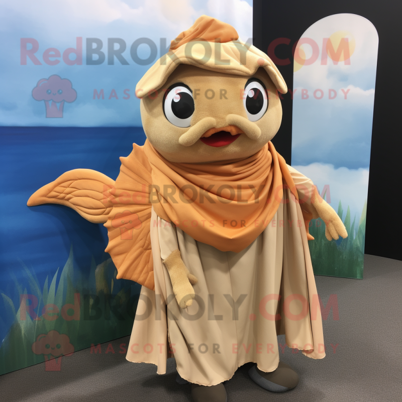 Tan Goldfish mascot costume character dressed with a Culottes and Shawl pins Tan Goldfish mascot costume character dressed with a Culottes and Shawl pins