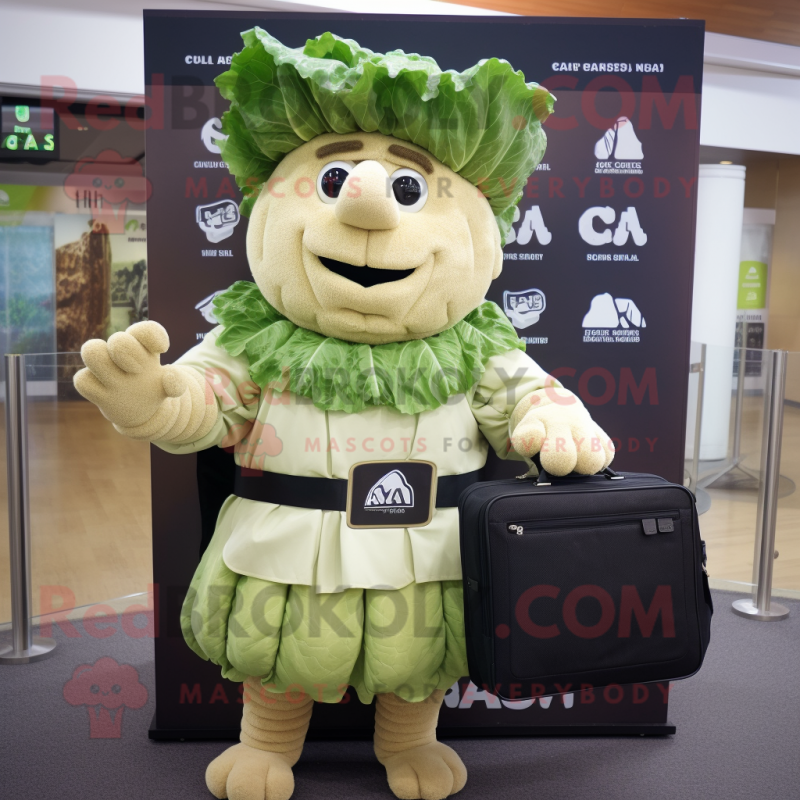 nan Caesar Salad mascot costume character dressed with a Pleated Skirt and Briefcases nan Caesar Salad mascot costume character dressed with a Pleated Skirt and Briefcases