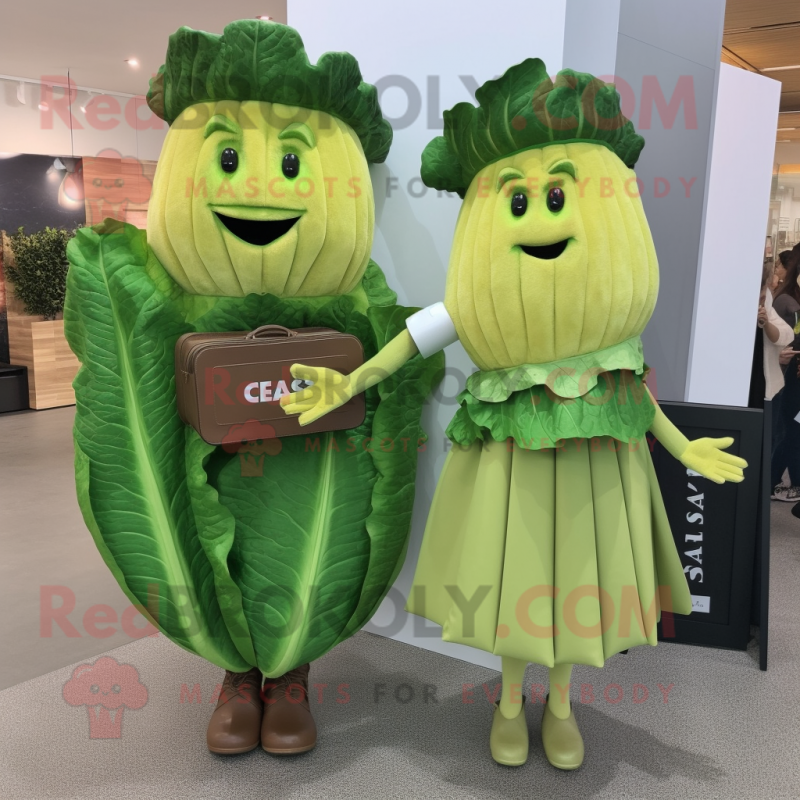 nan Caesar Salad mascot costume character dressed with a Pleated Skirt and Briefcases