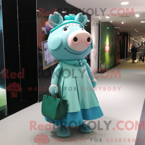 Cyan Pig maskot kostume...