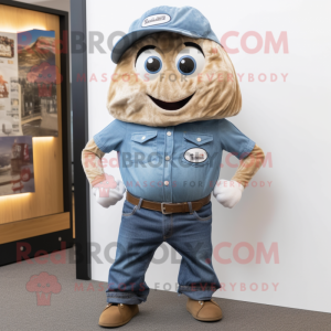 Tan Oyster mascot costume character dressed with a Denim Shorts and Cufflinks