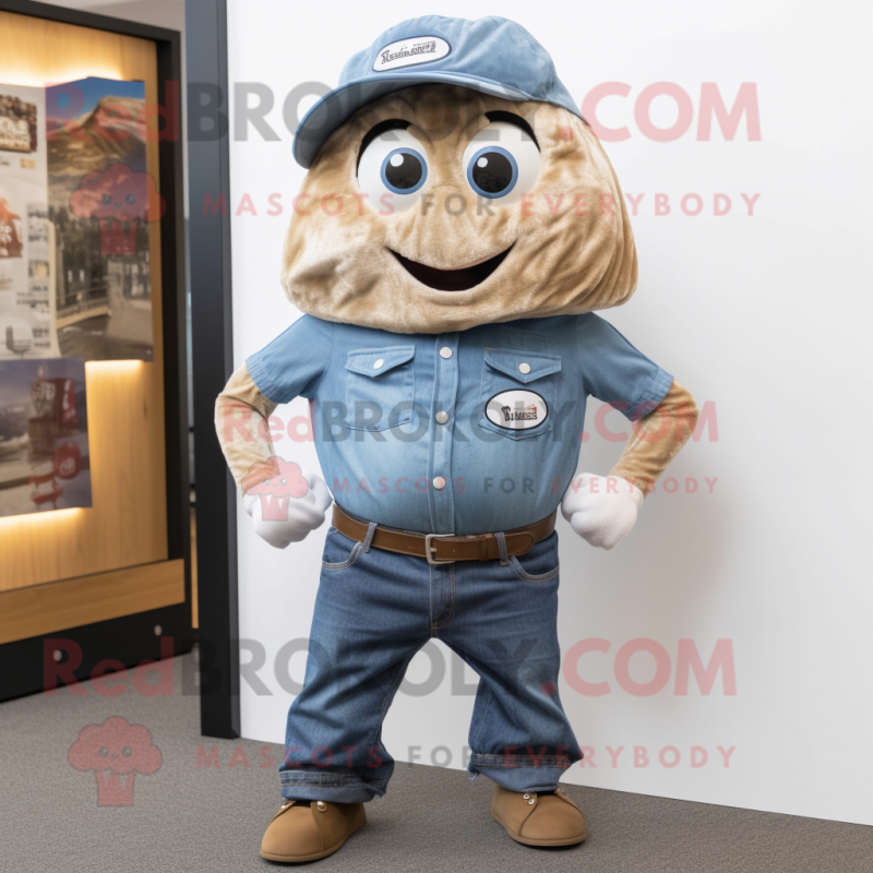 Tan Oyster mascot costume character dressed with a Denim Shorts and Cufflinks Tan Oyster mascot costume character dressed with a Denim Shorts and Cufflinks