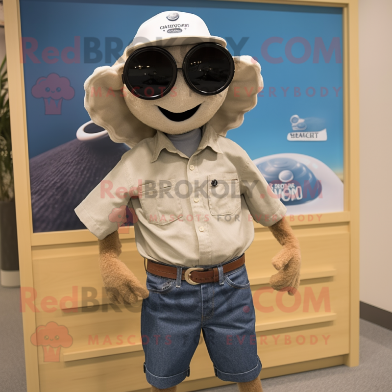 Tan Oyster mascot costume character dressed with a Denim Shorts and Cufflinks