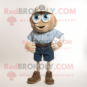 Tan Oyster mascot costume character dressed with a Denim Shorts and Cufflinks