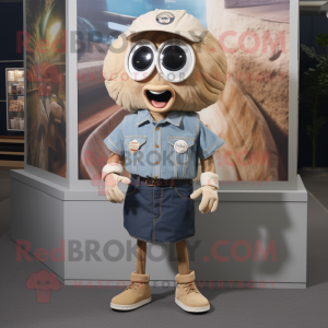 Tan Oyster mascot costume character dressed with a Denim Shorts and Cufflinks