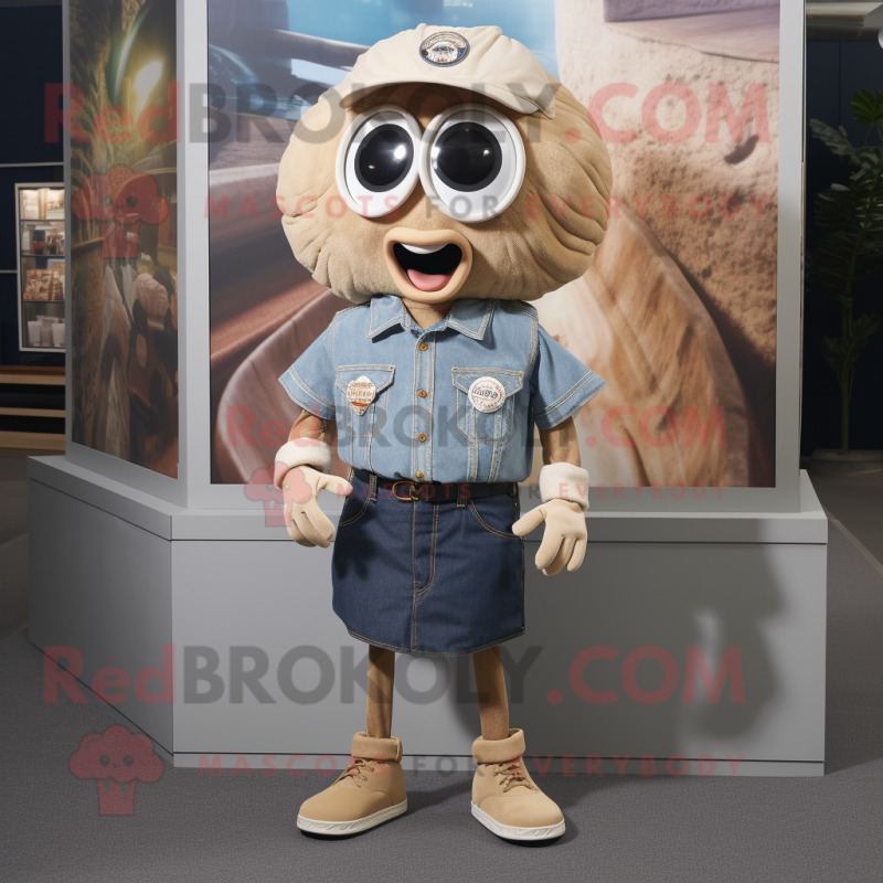 Tan Oyster mascot costume character dressed with a Denim Shorts and Cufflinks Tan Oyster mascot costume character dressed with a Denim Shorts and Cufflinks
