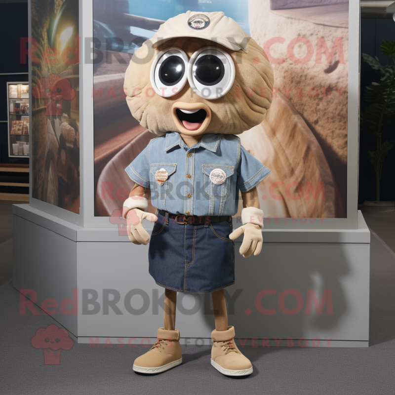 Tan Oyster mascot costume character dressed with a Denim Shorts and Cufflinks