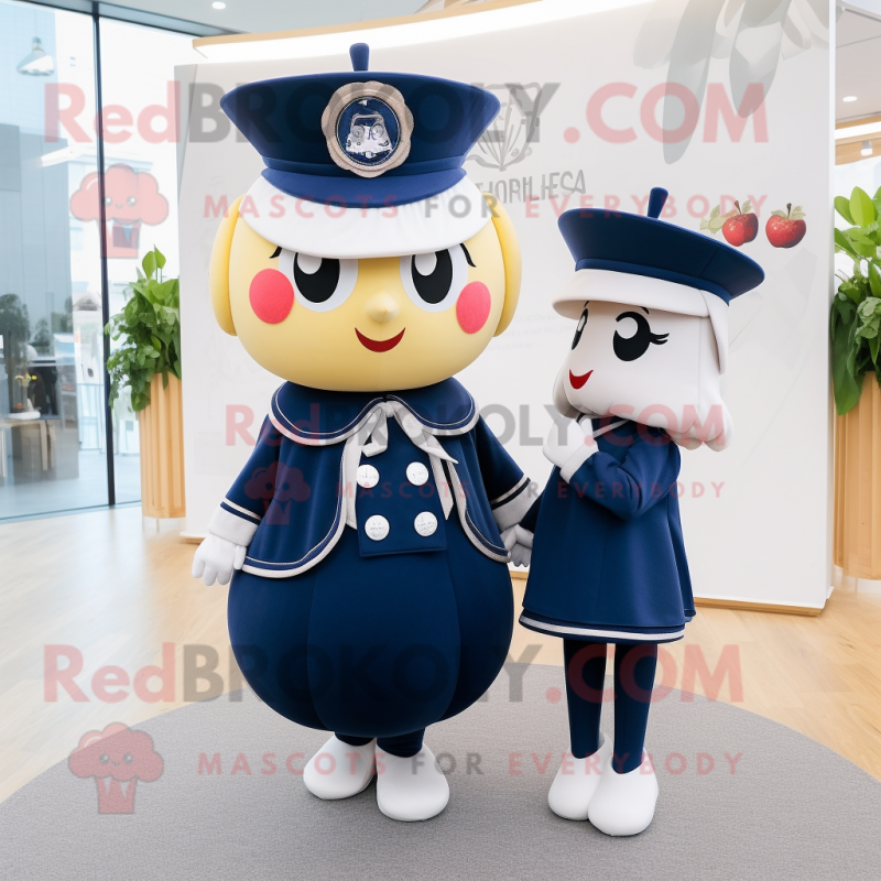 Navy Apple mascot costume character dressed with a Mini Dress and Berets Navy Apple mascot costume character dressed with a Mini Dress and Berets