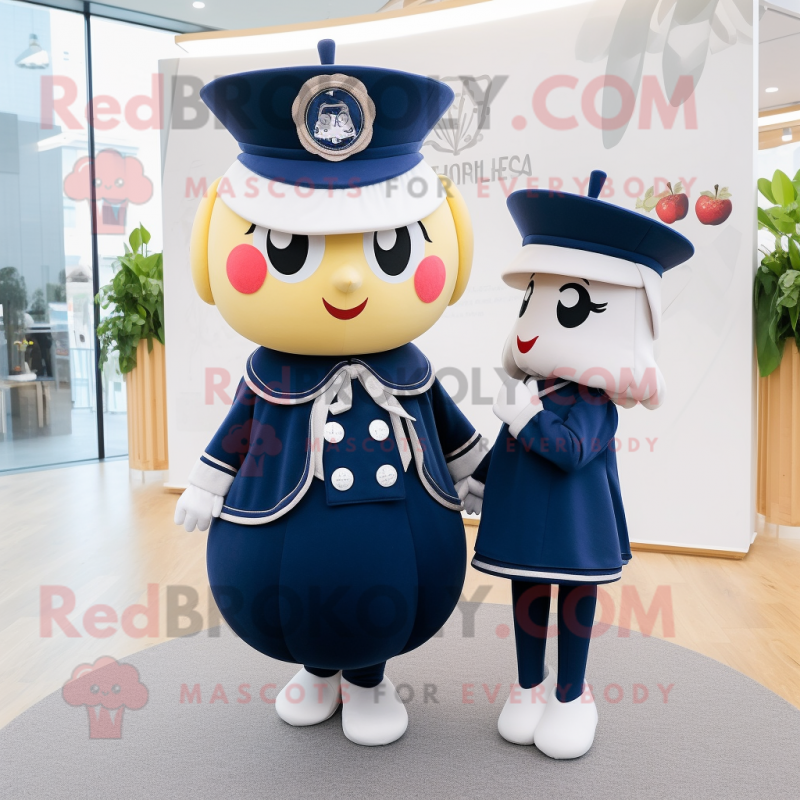 Navy Apple mascot costume character dressed with a Mini Dress and Berets