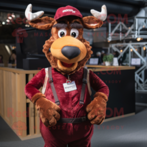 Maroon Reindeer mascot costume character dressed with a Dungarees and Caps