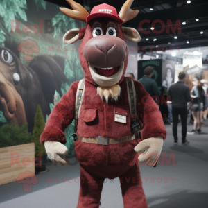 Maroon Reindeer mascot costume character dressed with a Dungarees and Caps