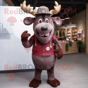 Maroon Reindeer mascot costume character dressed with a Dungarees and Caps