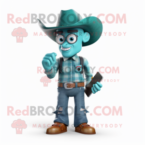 Teal Cowboy mascot costume character dressed with a Denim Shorts and Digital watches