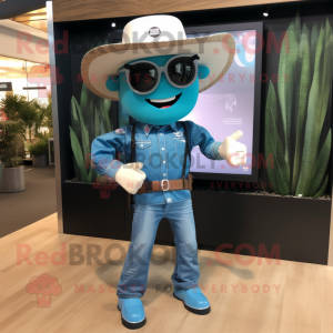 Teal Cowboy mascot costume character dressed with a Denim Shorts and Digital watches