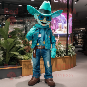 Teal Cowboy mascot costume character dressed with a Denim Shorts and Digital watches