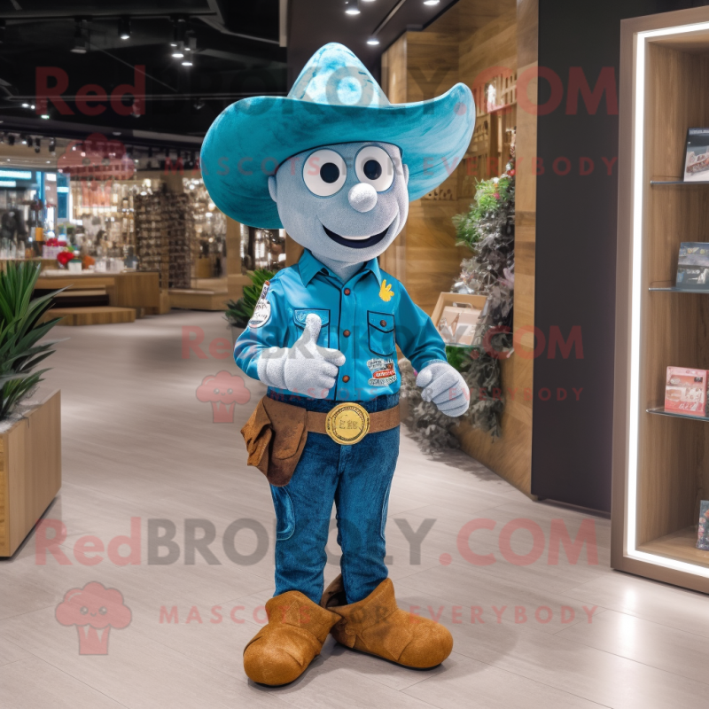 Teal Cowboy mascot costume character dressed with a Denim Shorts and Digital watches