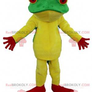 Mascota de rana roja y verde amarilla muy exitosa -