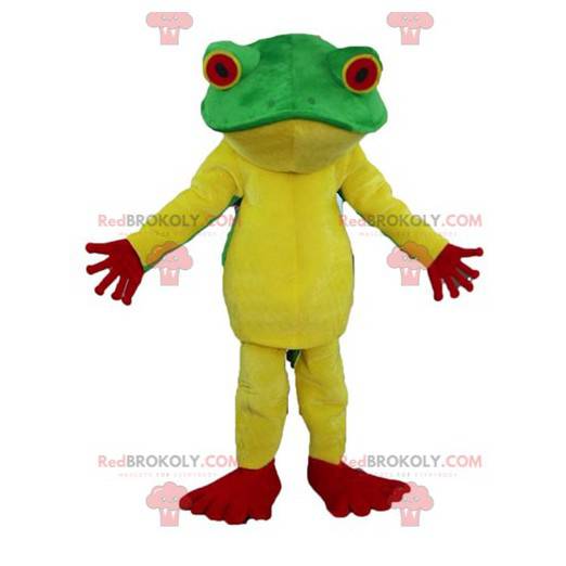 Mascote sapo amarelo vermelho e verde de muito sucesso -