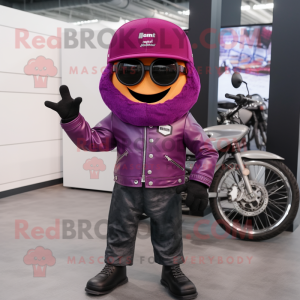 Magenta Grape mascot costume character dressed with a Biker Jacket and Berets