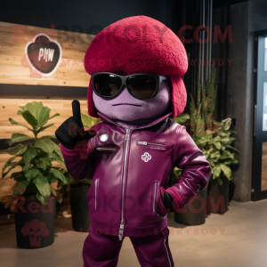 Magenta Grape mascot costume character dressed with a Biker Jacket and Berets