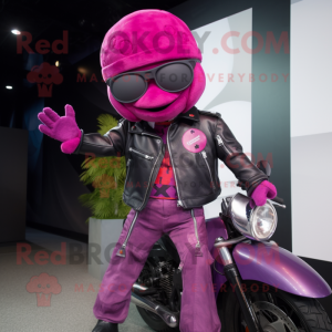 Magenta Grape mascot costume character dressed with a Biker Jacket and Berets