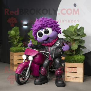 Magenta Grape mascot costume character dressed with a Biker Jacket and Berets