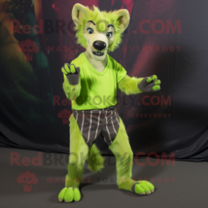 Lime Green Hyena mascot costume character dressed with a Jeggings and Pocket squares