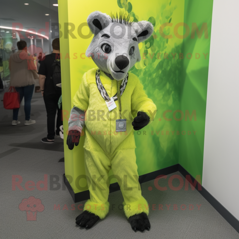 Lime Green Hyena mascot costume character dressed with a Jeggings and Pocket squares