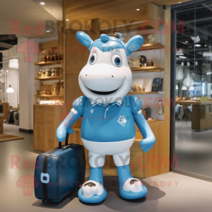 Sky Blue Jersey Cow mascot costume character dressed with a Rugby Shirt and Briefcases