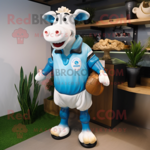 Sky Blue Jersey Cow mascot costume character dressed with a Rugby Shirt and Briefcases