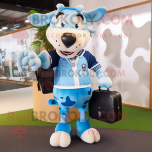 Sky Blue Jersey Cow mascot costume character dressed with a Rugby Shirt and Briefcases