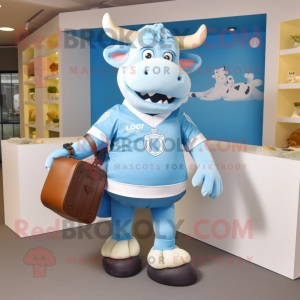 Sky Blue Jersey Cow mascot costume character dressed with a Rugby Shirt and Briefcases