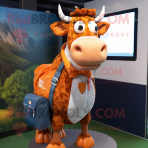 Orange Guernsey Cow mascot costume character dressed with a Denim Shorts and Briefcases