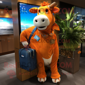 Orange Guernsey Cow mascot costume character dressed with a Denim Shorts and Briefcases