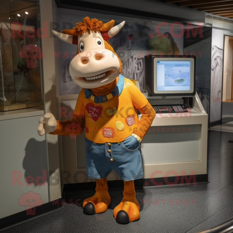 Orange Guernsey Cow mascot costume character dressed with a Denim Shorts and Briefcases