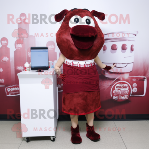 Maroon Bbq Ribs mascot costume character dressed with a Pencil Skirt and Foot pads