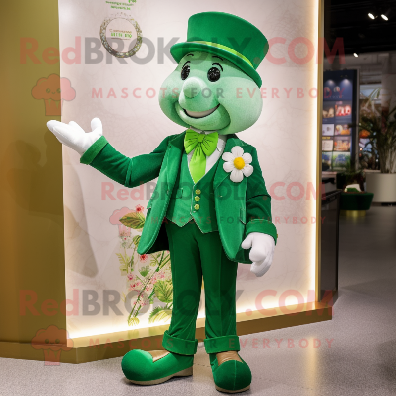 Green Four Leaf Clover mascot costume character dressed with a Chinos and Lapel pins Green Four Leaf Clover mascot costume character dressed with a Chinos and Lapel pins