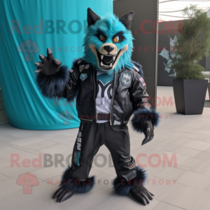 Turquoise Werewolf mascot costume character dressed with a Biker Jacket and Pocket squares