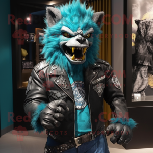 Turquoise Werewolf mascot costume character dressed with a Biker Jacket and Pocket squares