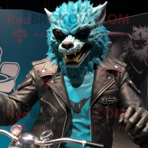 Turquoise Werewolf mascot costume character dressed with a Biker Jacket and Pocket squares