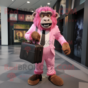 Pink Baboon mascot costume character dressed with a Suit and Messenger bags