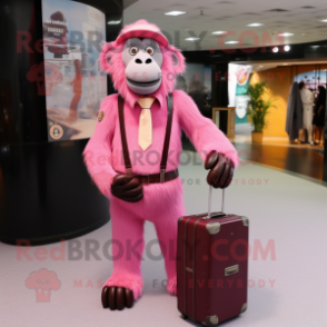 Pink Baboon mascot costume character dressed with a Suit and Messenger bags