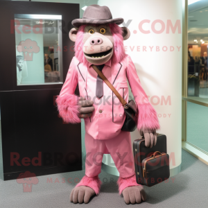 Pink Baboon mascot costume character dressed with a Suit and Messenger bags